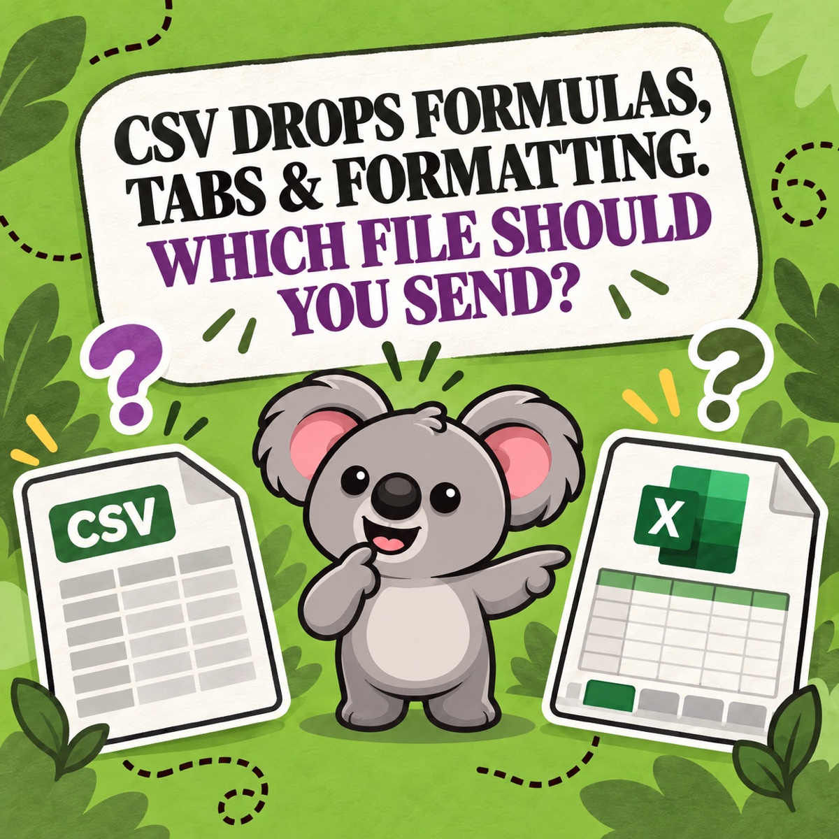 CSV DROPS FORMULAS, TABS & FORMATTING. WHICH FILE SHOULD YOU SEND? Leafy compares a simple CSV table with a polished spreadsheet workbook.