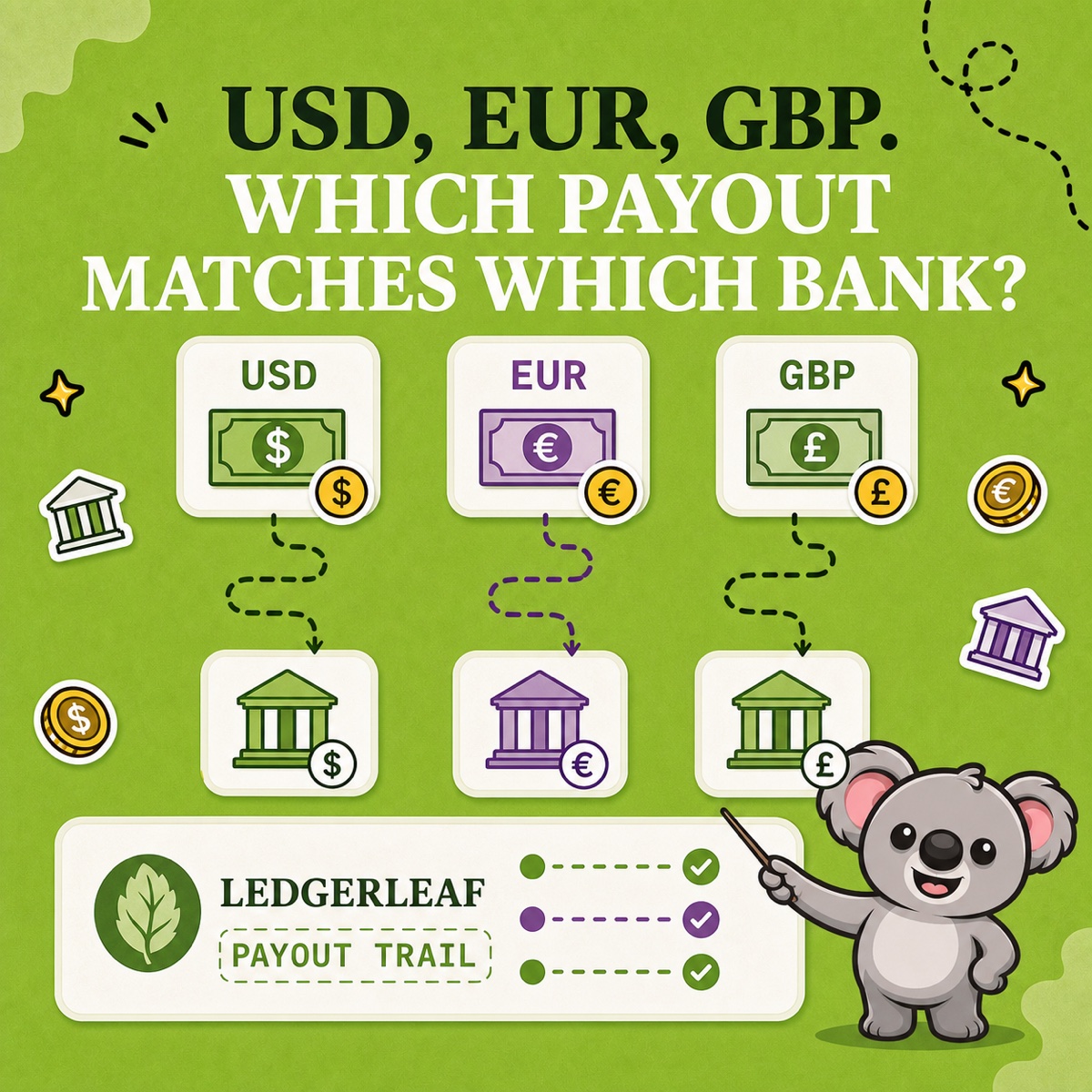 USD, EUR, GBP. ¿QUÉ PAGO CORRESPONDE A QUÉ BANCO? Leafy guía tres tarjetas de pago etiquetadas por divisa por rutas discontinuas separadas hasta las cuentas bancarias correspondientes y un rastro de LedgerLeaf.