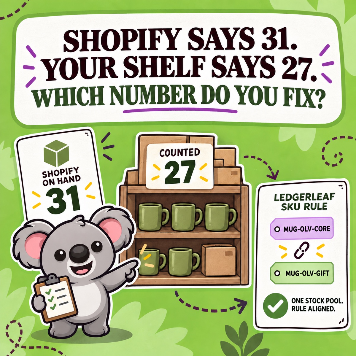 SHOPIFY SAYS 31. YOUR SHELF SAYS 27. WHICH NUMBER DO YOU FIX? Leafy compara una tarjeta de Shopify con 31 unidades En existencias y 27 cajas de tazas en la estantería, y señala una regla de SKU de LedgerLeaf revisada que mantiene alineados los anuncios vinculados.
