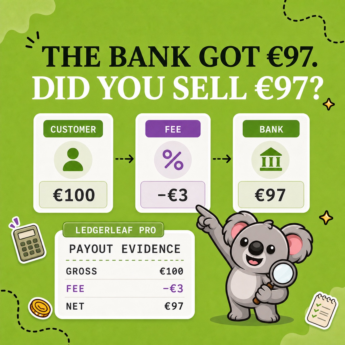 EL BANCO RECIBIÓ 97 €. ¿VENDISTE 97 €? Leafy señala el paso de un cargo al cliente de 100 € a una comisión de 3 € y un pago bancario de 97 €, junto a un panel de pagos al estilo LedgerLeaf.