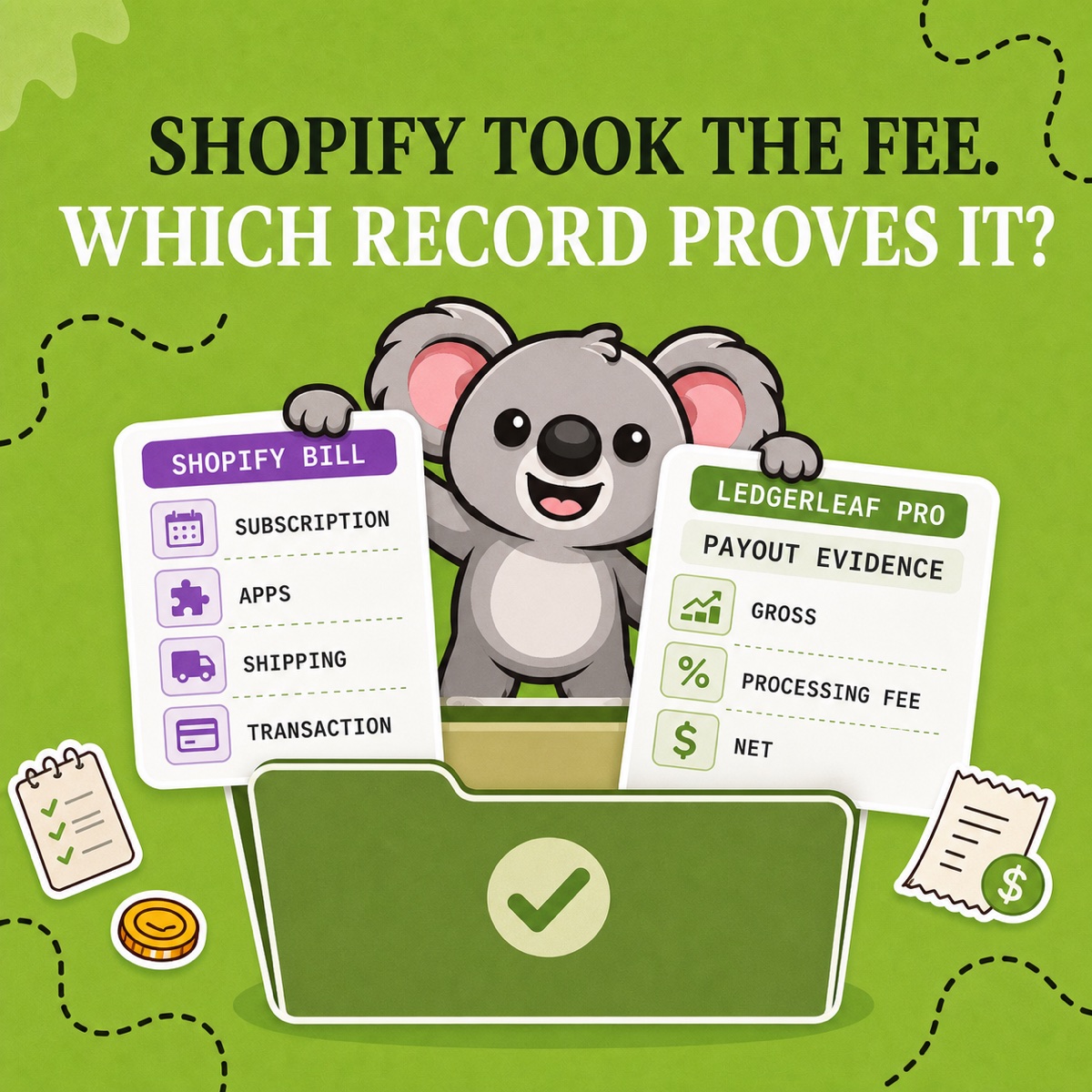 SHOPIFY TOOK THE FEE. WHICH RECORD PROVES IT? Leafy archiva una factura de Shopify y las pruebas de pagos de LedgerLeaf Pro en una carpeta contable verde, con las comisiones de suscripción y procesamiento separadas.