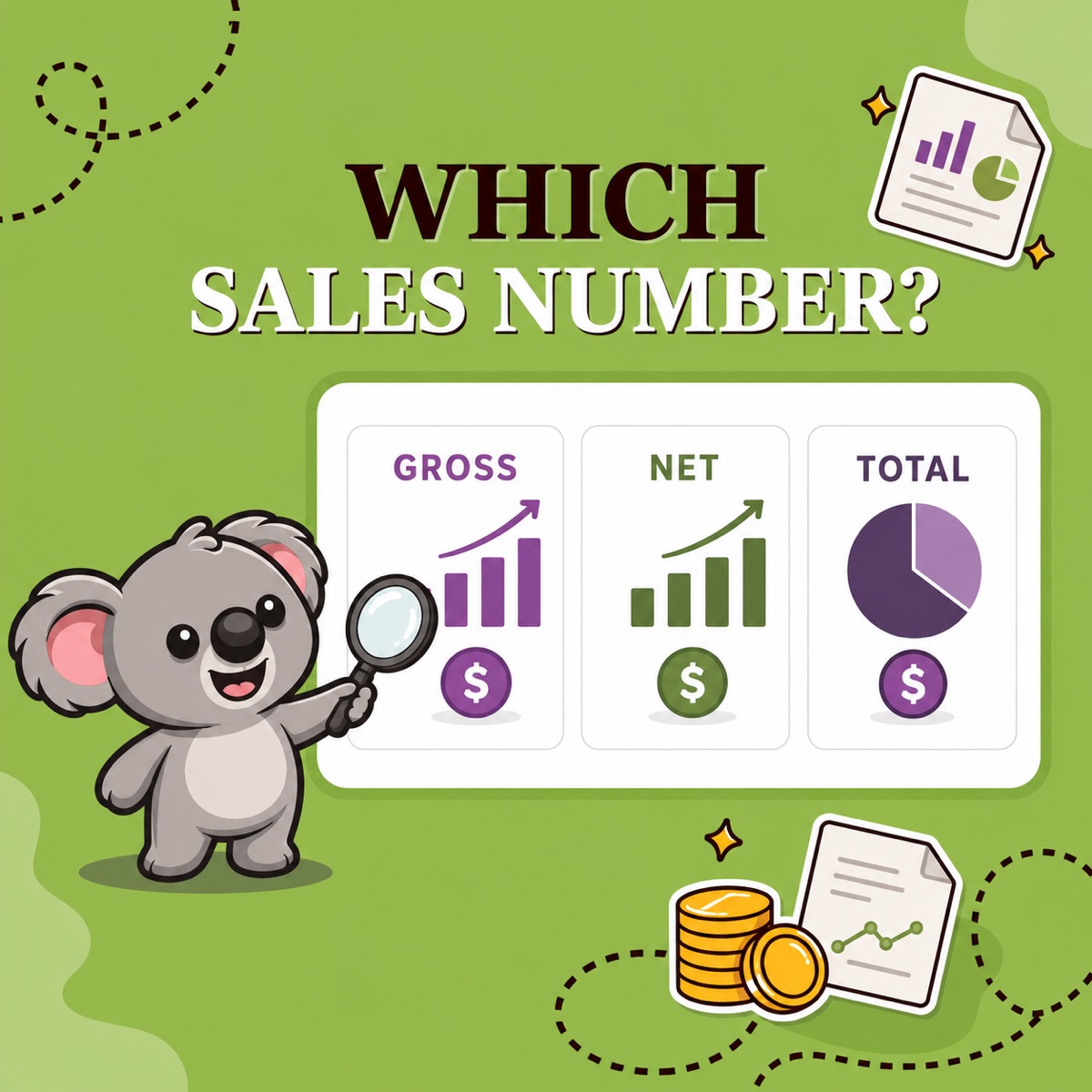 WHICH SALES NUMBER? Leafy compara tarjetas de ventas brutas, netas y totales junto a un panel de informe limpio al estilo LedgerLeaf sobre fondo verde.