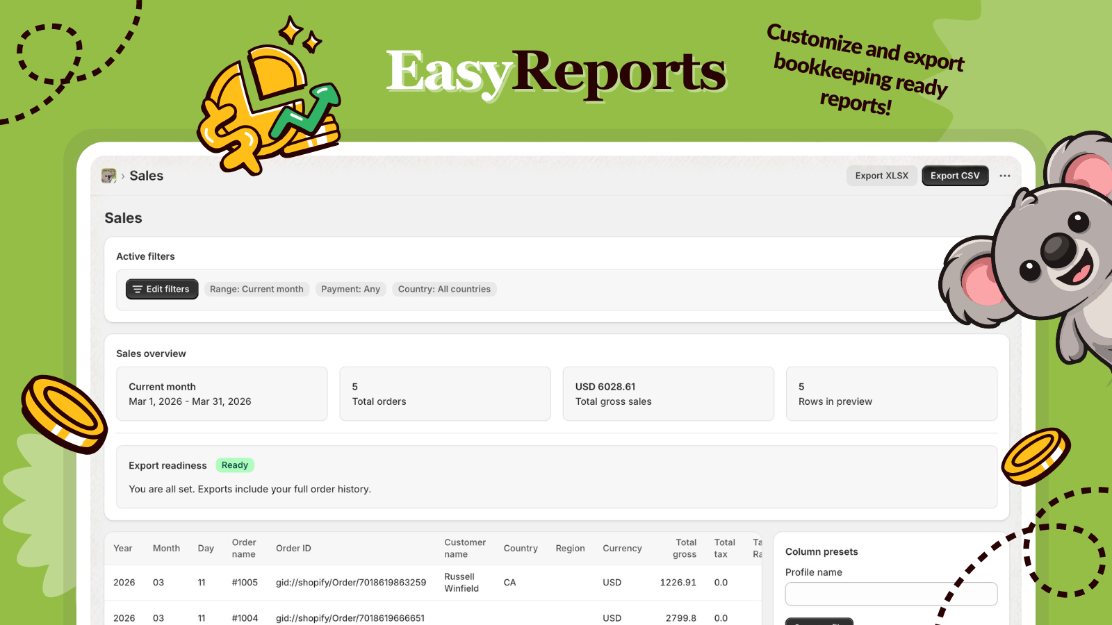 LedgerLeaf sales workspace with filters, overview cards, export readiness, and CSV and XLSX export actions