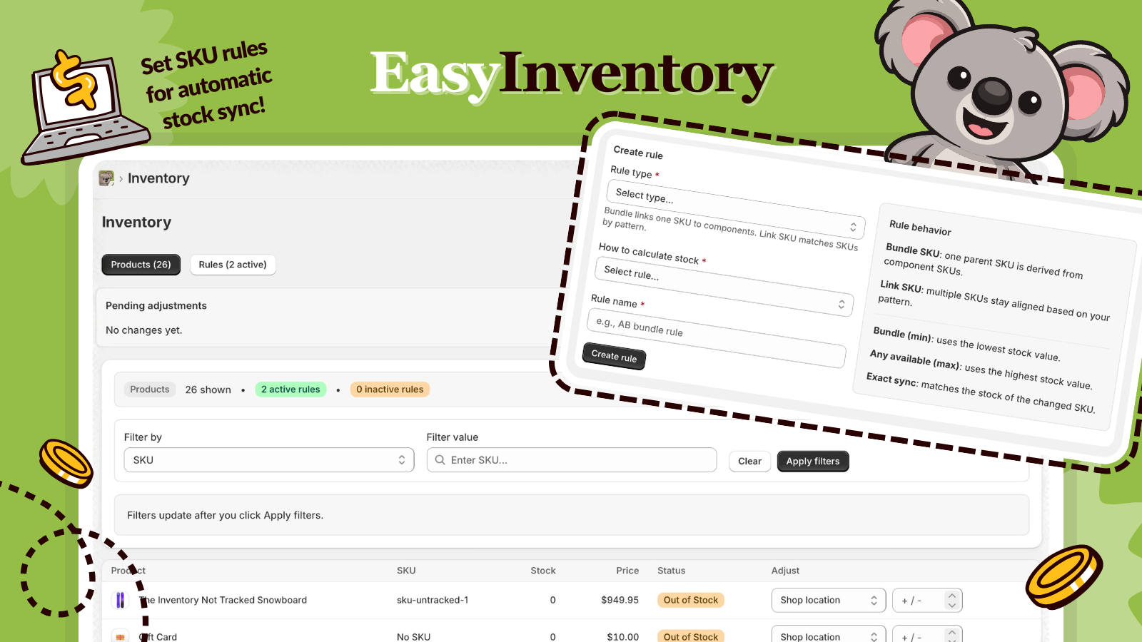 LedgerLeaf inventory workspace with active rules, SKU filters, and rule creation settings for bundle and linked SKU sync