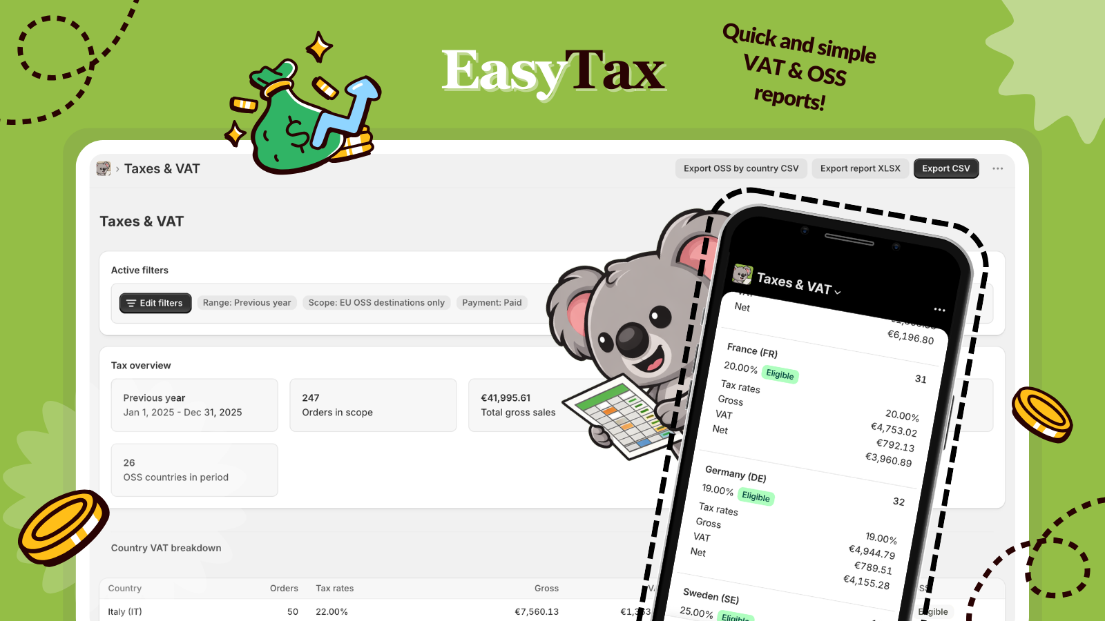 LedgerLeaf Taxes and VAT workspace with active filters, tax overview cards, country VAT breakdown, OSS country export, report XLSX export, and CSV export actions