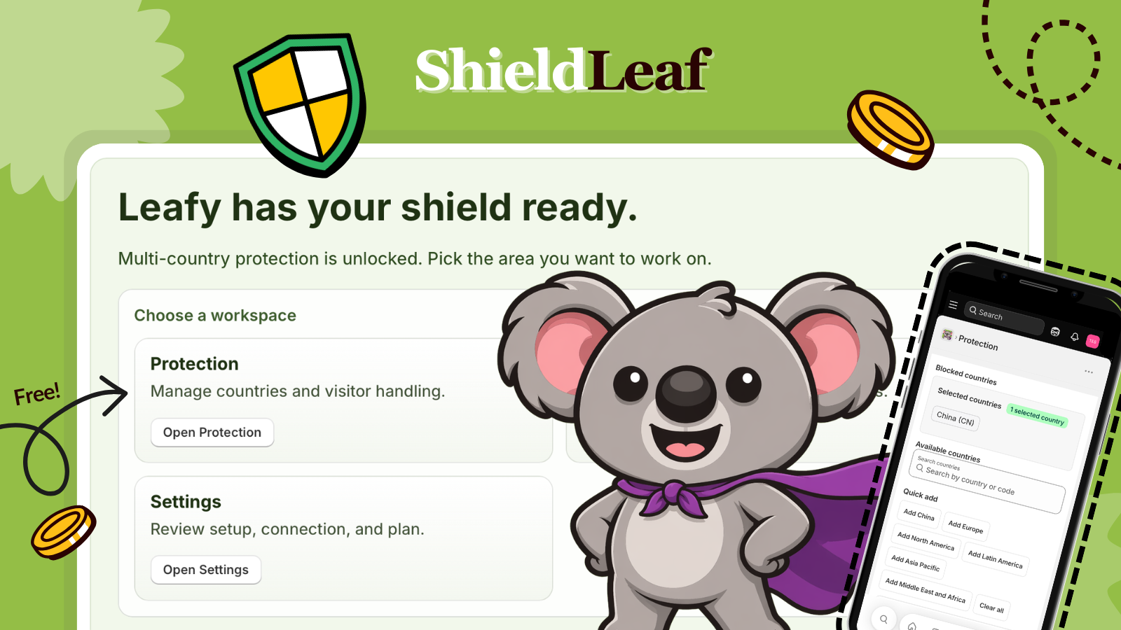 ShieldLeaf welcome workspace showing Protection and Settings cards with a mobile country blocking preview