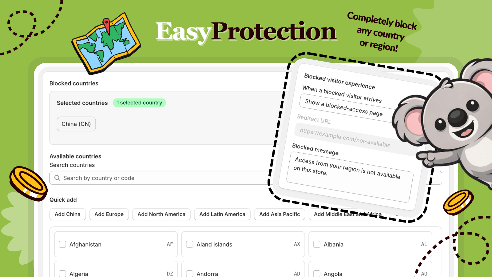ShieldLeaf blocked countries workspace with selected countries, country search, quick-add region buttons, and blocked visitor message controls